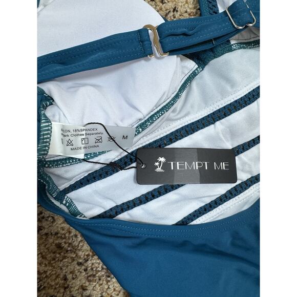 Tempt Me Womens Teal Blue Deep V Halter One-Piece Swimsuit Lace Cutout Detail M - Picture 9 of 9